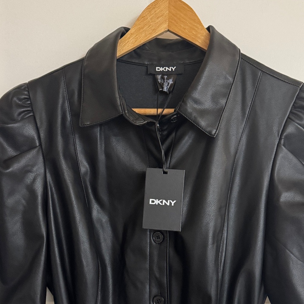 DKNY Black Faux Leather Shirt Dress With Belt Puff Shoulders